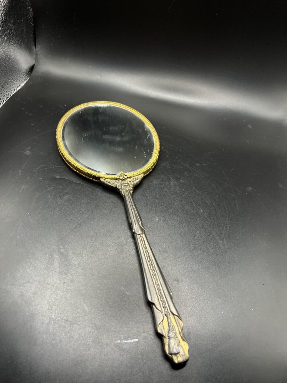 Vintage Art Nouveau Handheld Mirror Intricate Handle Gold Detailing Elegant Heav